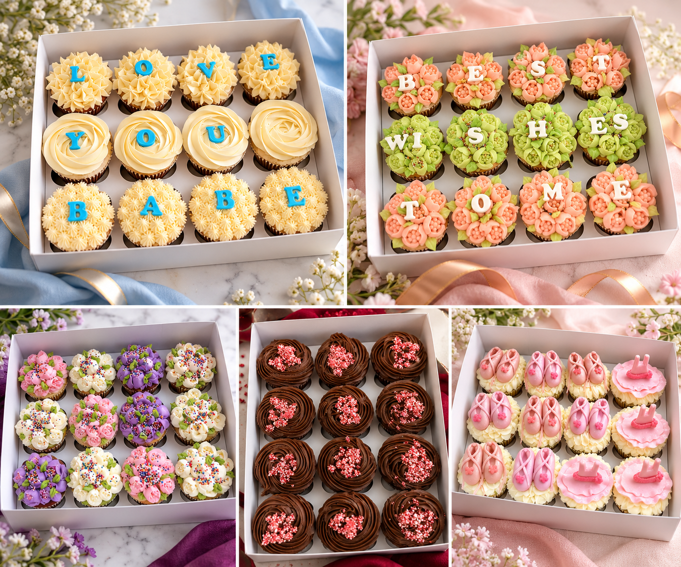 Five boxes of cupcakes featuring floral, sprinkle, chocolate, and lettered designs.